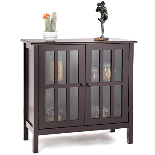 Tangkula Sideboard Buffet Storage Cabinet, Kitchen Storage Cabinet with 2 Glass Doors, Liquor Cabinet for Home Kitchen Dining Room, Cupboard Console Table, Curio Cabinet (Coffee) - WoodArtSupply