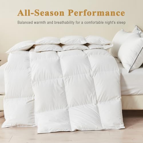 TOPGREEN Organic Feather Down Comforter Full Size, Luxury Extra-Fluffy Duvet Insert, All Season Bed Comforter with Ultra-Soft Organic Cotton Case (82x86 Inch, Ivory White) TOPGREEN