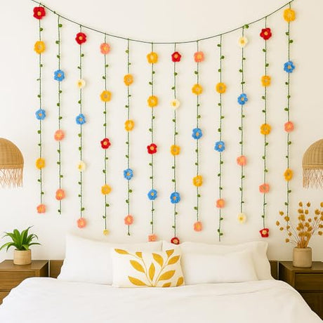 Suncalla 23 ft Crochet Flowers Wall Hanging Decor Boho Knitting Flower Garland Ornaments Curtain Backdrop Hanging Tassel Decoration Room Divider for Home Bedroom Wall Door Window Suncalla