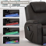 Power Recliner Chair with Heat and Massage for Adults - Home Theater Seating with LED Lights,Cup Holders,Side Pocket,USB Port - Recliner Sofa for Living Room (Brown, Single Recliner)