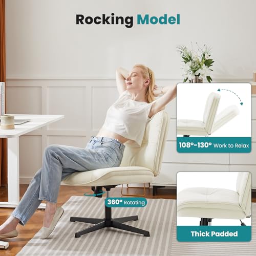 OLIXIS Criss Cross Chair Without Wheels, Cross Legged Office Chair, Armless Wide Vanity Desk Chair with Comfy PU Leather& Back - Swivel for Home Office Bedroom, Beige OLIXIS