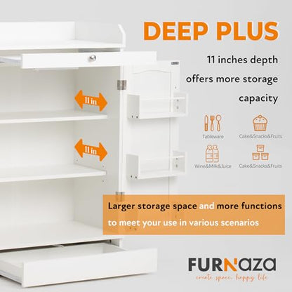 Furnaza 41" LED Kitchen Pantry Storage Cabinets - Buffet Coffee Bar Microwave Cabinet with Countertop and Drawers, 2 Doors and Ajustable Shelves for Small Space in Dining or Living Room, White