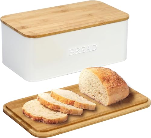 OUTSHINE White Bread Box for Kitchen Countertop, Bread Box with Cutting Board Lid, White Bread Box, Small Bread Box, Bread Bin, Bread Holder for Kitchen Counter