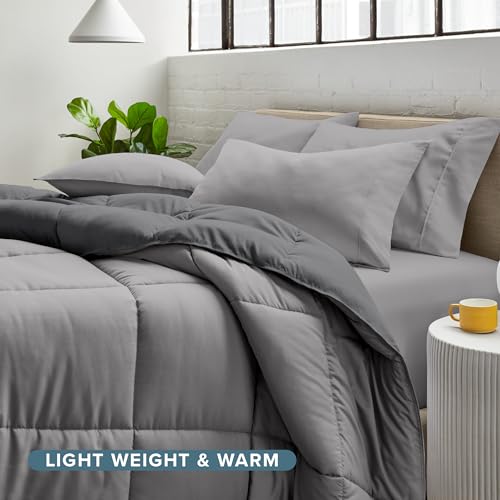 Bare Home Reversible Bed-in-A-Bag Comforter & Sheet Set - Full Extra Long - Down Alternative - Soft - Bedding Set (Full XL, Light Grey/Grey) Bare Home