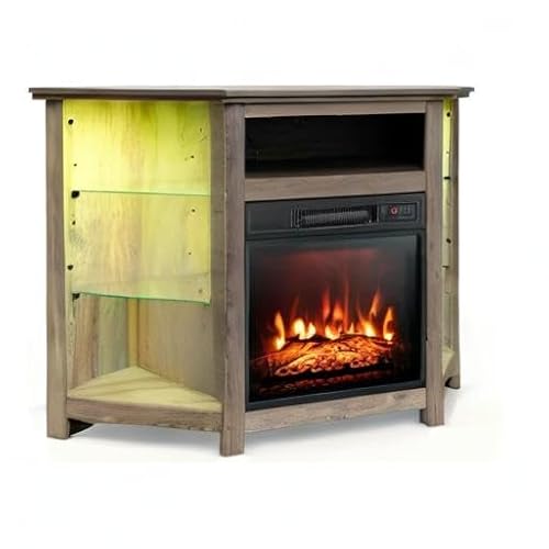 Tangkula Fireplace Corner TV Stand with LED Lights & Smart APP Control for 50 Inches TV, Entertainment Center with Adjustable Glass Shelves, 18” Electric Fireplace, Remote Control, Thermostat Tangkula