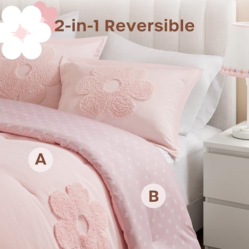 Intelligent Design Kids Queen Comforter Set for Girls, Tufted Chenille Floral Comforter Set Queen, Lightweight Polka Dot Comforter Reversible Bed Set, Sham, Pillow, Gracie, Full/Queen Pink 4 Piece Intelligent Design