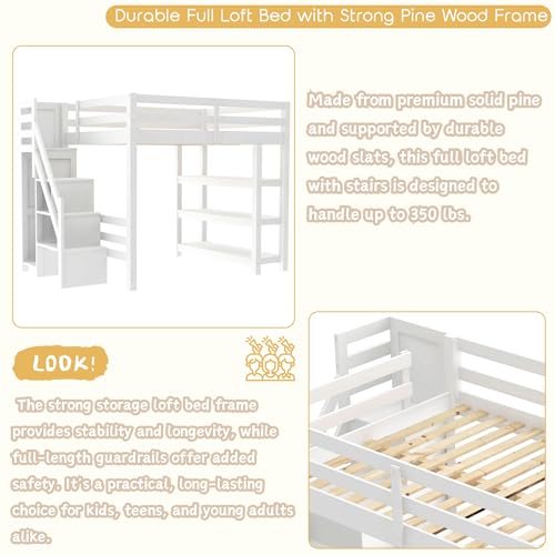 Harper & Bright Designs Full Size Loft Bed with Stairs and LED Lights, Wood Full Loft Bed with Storage Shelves and Wardrobe, Loft Bed Frame with Guardrails for Kids Girls Boys, White Harper & Bright Designs