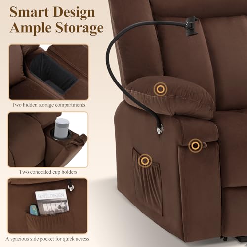 COLAMY Large Wide Power Lift Recliner with Massage and Heat, Extended Footrest for Big Elderly, Phone Stand,Hidden Storage Compartments and Cup Holders for Living Room（Darkbrown COLAMY