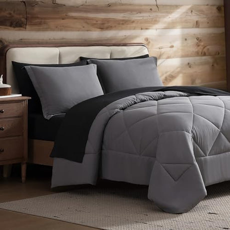 Coleman Twin Comforter Set Reversible Bed-in-a-Bag– Double-Sided Color Options, All-Season Comforter + Shams + Sheets – Perfect for Home, Cabin or Camp Use, Black/Gray Coleman