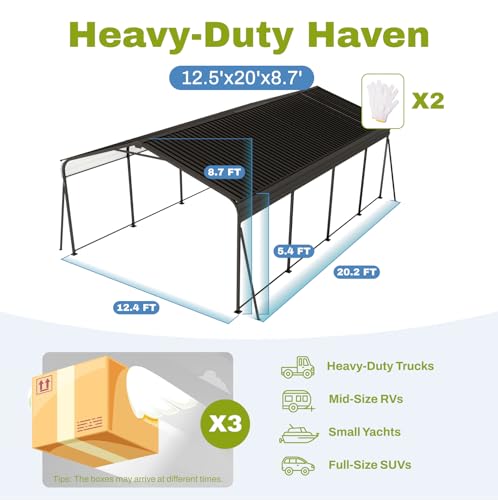 12’x20’x8.7’ Metal Carport, Heavy-Duty Steel Frame Car Shelter with Galvanized Steel Roof, All-Weather Carport Garage with Enhanced Base for Pickup, Boat, Car and Tractors LINKHOO
