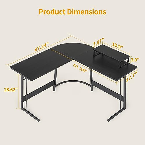 CubiCubi L Shaped Gaming Desk Computer Office Desk, 47 inch Corner Desk with Large Monitor Stand for Home Office Study Writing Workstation, Black - WoodArtSupply