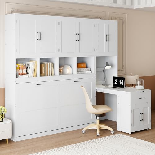 Merax Horizontal Murphy Bed Cabinet Twin Size with Desk & Small Closet & Cabinet with Doors & Open Storage Shelves, Twin Hidden Murphy Wall Bed with Storage for Living Room, White Merax