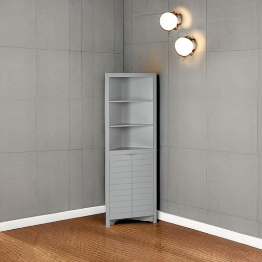 RiverRidge Madison Bathroom Corner Storage Cabinet with Open Shelves and Cupboard Tall Corner Storage Bathroom Furniture Dresser Curio Cabinet RiverRidge