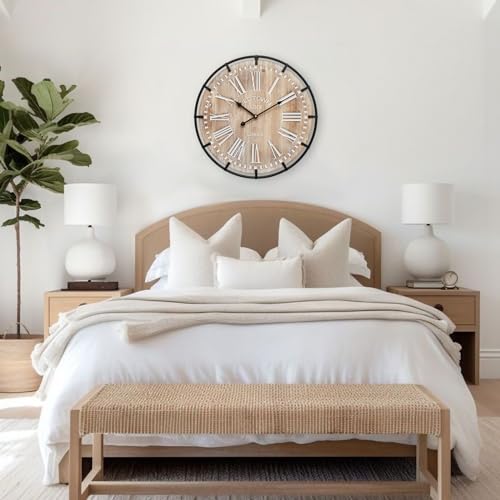 24 Inch Grand Farmhouse Wall Clock, Vintage-Inspired Wood & Metal Design with Large Etched Numbers, Silent Battery-Powered Timepiece for Offices, Kitchens, Bedrooms, and Living Rooms MICWIC