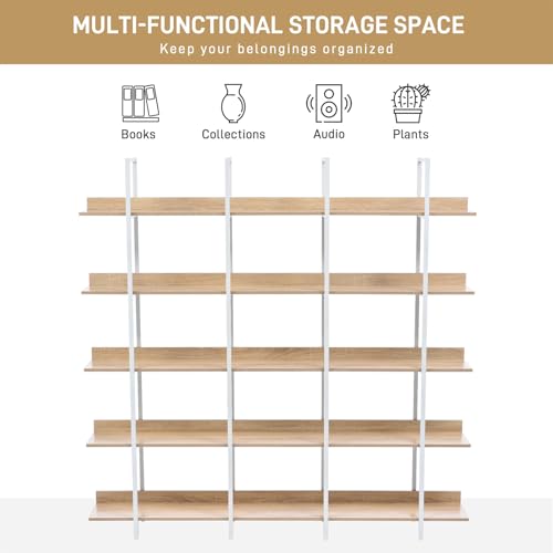 Nahenduo 5 Tier Large Open Bookshelf, Industrial Bookshelf with Back Fence, 400lbs Capacity, Wooden Office Bookcase with Metal Frame for Home Office Living Room, Easy Assembly (Oak and White Frame) Nahenduo