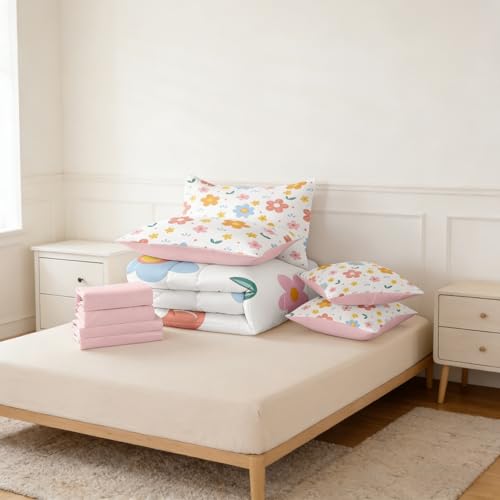 Erosebridal 7 Piece Cute Flower Comforter Sets with Sheets, Pink Floral Bedding Set Twin for Boys Sweet Girls Botanical Bed in A Bag Colorful Flowers Bed Set Erosebridal