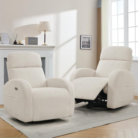 AEMEIOS Power Nursery Glider Recliner, Swivel Glider Recliner with USB & Type-C Port, Swivel Reclining Nursery Rocker with Double Pockets for Living Room, White,Corduroy AEMEIOS