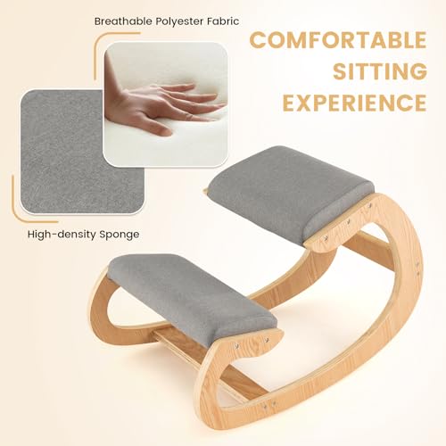 Giantex Ergonomic Kneeling Chair, Posture Chair for Desk with Cushion, Solid Wood Frame, Max Load 330 Lbs, Comfortable Ergo Rocking Kneel Chair for Office Home Study (Gray) Giantex