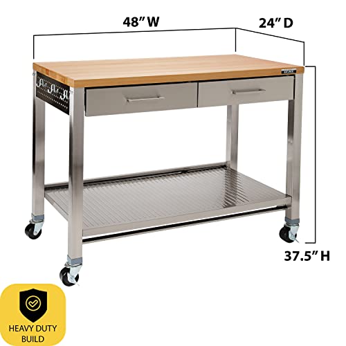 Seville Classics, Steel w/ Solid Wood Top, 48" W x 24" D x 37.5" H - WoodArtSupply