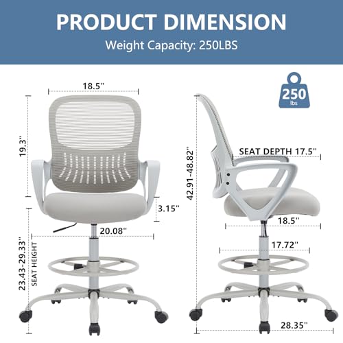 DUMOS Drafting Chair - Ergonomic Tall Office for Standing Desk, Counter with Height Adjustable and Comfortable Lumbar Support, Fixed Armrests, Grey DUMOS