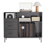 HarmoFurn Record Player Stand with Flip-Top, Wood Vinyl Storage Cabinet with 2-Outlet Power Strip, Drawers & Dustproof Cubbies, Media Console, Black, 35.4x15x27.6 Inches HarmoFurn