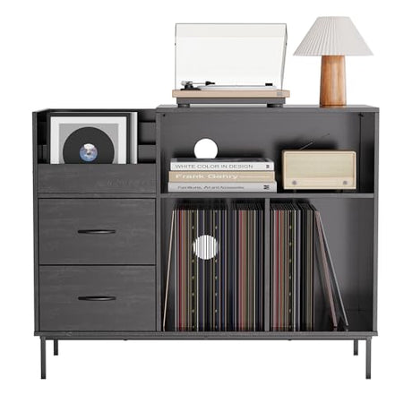 HarmoFurn Record Player Stand with Flip-Top, Wood Vinyl Storage Cabinet with 2-Outlet Power Strip, Drawers & Dustproof Cubbies, Media Console, Black, 35.4x15x27.6 Inches HarmoFurn