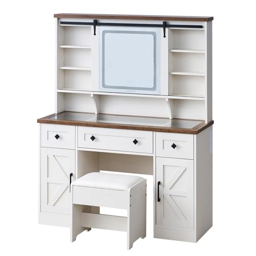 AMERLIFE 47.2" W Farmhouse Makeup Vanity Desk with Sliding Mirror, Vanity Set with Stool & Charging Station & 3 Brightness Lights, Glass Desktop, Ample Storage, Antique White AMERLIFE