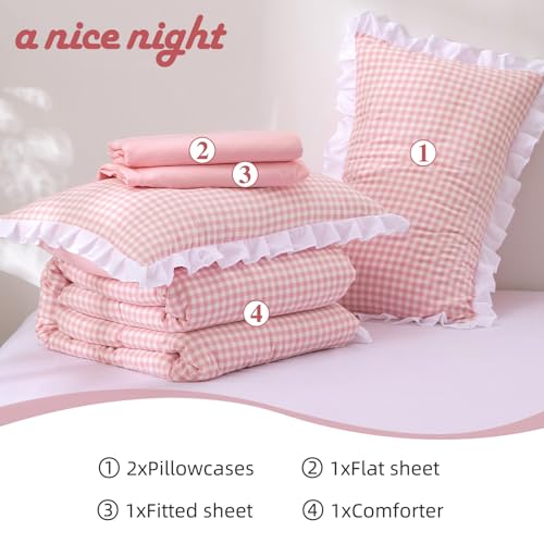 A Nice Night Comforter Twin Size,Pink Ruffle Comforter for Dorm Room Essentials for Twin Bed,Plaid Checkered Chic Bedding Bed in a Bag for Girls A Nice Night