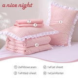 A Nice Night Comforter Twin Size,Pink Ruffle Comforter for Dorm Room Essentials for Twin Bed,Plaid Checkered Chic Bedding Bed in a Bag for Girls A Nice Night