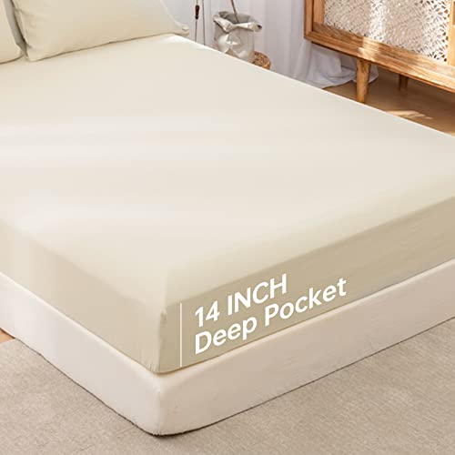 Simple&Opulence Linen Fitted Sheet (1 Piece) - 14 Inch Deep Pocket Mattress Cover Natural Flax Cotton Blended Soft Breathable Bedding - Linen, King Size Simple&Opulence