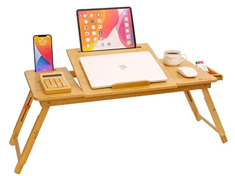 Laptop Desk for Bed, COIWAI Bamboo Lap Desk with Tablet Slot Adjustable Height Angle Foldable Storage Drawer Portable Tray Table Stand for Netebook Computer Breakfast Work Study Reading Writing Large COIWAI