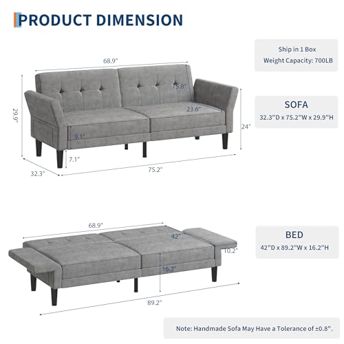 IDEALHOUSE 89" Futon Sofa Bed, Modern Chenille Sleeper Couch with Adjustable Backrest & Armrest, Convertible Futon Couch for Living Room Bedroom Apartments, Silver Gray IDEALHOUSE