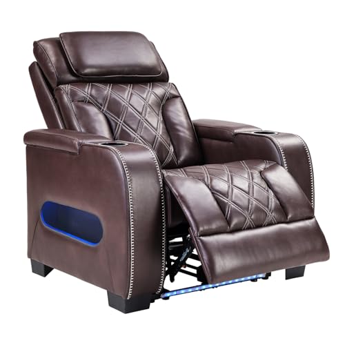 CANMOV Electric Power Recliner Chair, PU Leather Home Theater Seating with Power Headrest, Electric Recliner Sofa Chair with Ambient Lighting,Cup Holders,USB & Type C Ports, Armrest Storage,Brown