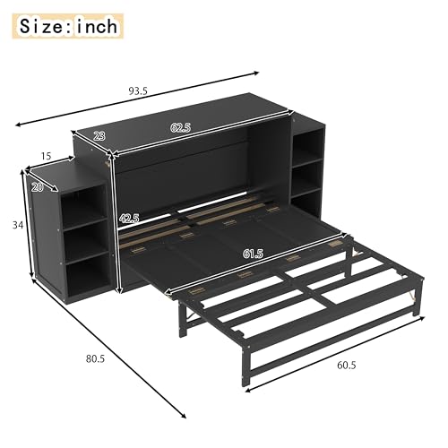 KEIKI Queen Size Murphy Bed Chest, Folding Cabinet Wall Bed Frame with Storage Drawers & Shelves, Space Saving Hideaway Cabinets Beds Frames for Apartment Bedroom Guest Room, Wood Slat Support, Grey KEIKI
