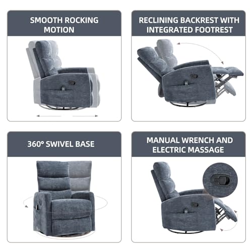 PELUMY 360° Swivel Rocker Recliner with Heat & Vibration Massage, Glider Rocking Chair for Adults, Compact Recliner for Living Room, Small Spaces, Nursery, Bedroom (Chenille, Blue)