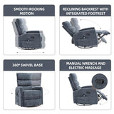 PELUMY 360° Swivel Rocker Recliner with Heat & Vibration Massage, Glider Rocking Chair for Adults, Compact Recliner for Living Room, Small Spaces, Nursery, Bedroom (Chenille, Blue)