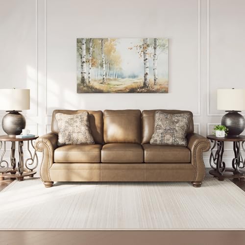 Signature Design by Ashley Shadsburne Rustic Faux Leather Sofa Sleeper with Bi-Fold Memory Foam Mattress, Nailhead Trim and 2 Throw Pillows, Queen, Brown Signature Design by Ashley
