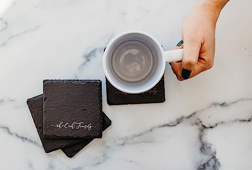 Engraved Slate Coasters for Drinks Custom Coaster Set Monogrammed Initial Name Personalized Gift for Couples Handmade by The Painted Pug (Engraved Slate) - WoodArtSupply