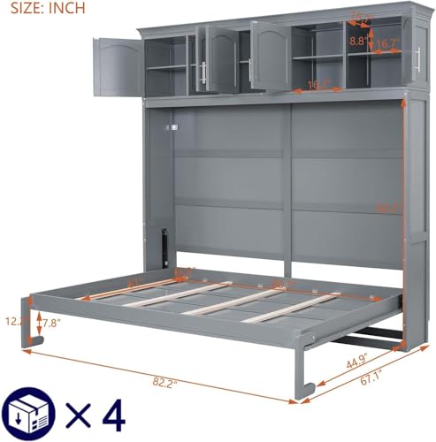 Virubi Queen Horizontal Murphy Bed with Storage Cabinet,Wood Folding Murphy Wall Bed for Adult (Grey,Queen) Virubi