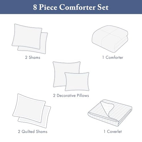 Madison Park Marina Comforter Quilt Combo Set - Modern Luxury Design, All Season Down Alternative Bedding, Matching Shams, Decorative Pillows, Full/Queen(90"x90"), Seersucker Blue 8 Piece Madison Park