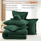 MUXHOMO 7 Pieces Queen Comforter Set, Soft Bed in a Bag Queen Size, All Season Bedding Set with Comforter, Flat Sheet, Fitted Sheet, Pillowcases & Shams, Dark Emerald Green