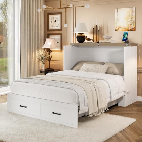 Merax Full Size Murphy Bed, Cabinet Bed with Charging Station, Multi-Functional Foldable Platform Bed with 1 Large Storage Drawer for Small Bedroom, White Merax