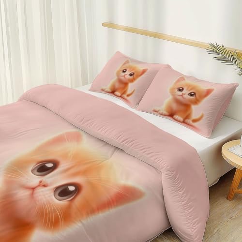 Pink 3 Piece Duvet Cover Set, 1 Printed Zipper Closure Duvet Cover with 2 Pillow Shams, Ultra Soft Brushed Microfiber Single with Minimalist Kitten Cute Generic