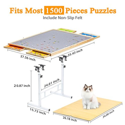 1500 Piece Puzzle Table with Drawers, 35''x26'' Adjustable Puzzle Tables for Adults and Children | 3-Tilting-Angle Portable Wooden Jigsaw Puzzle Board with Legs & Cover for Gift