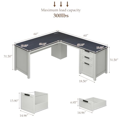 Halitaa Farmhouse L Shaped Executive Desk with Drawers and Storage Shelf, Corner Standing Desk with Charging Station L-Shaped Executive Desks for for Home Office, Study, Bedroom Halitaa