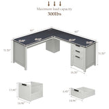 Halitaa Farmhouse L Shaped Executive Desk with Drawers and Storage Shelf, Corner Standing Desk with Charging Station L-Shaped Executive Desks for for Home Office, Study, Bedroom Halitaa