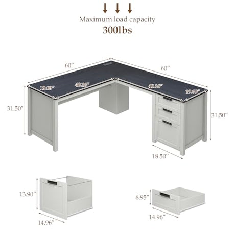 Halitaa Farmhouse L Shaped Executive Desk with Drawers and Storage Shelf, Corner Standing Desk with Charging Station L-Shaped Executive Desks for for Home Office, Study, Bedroom Halitaa