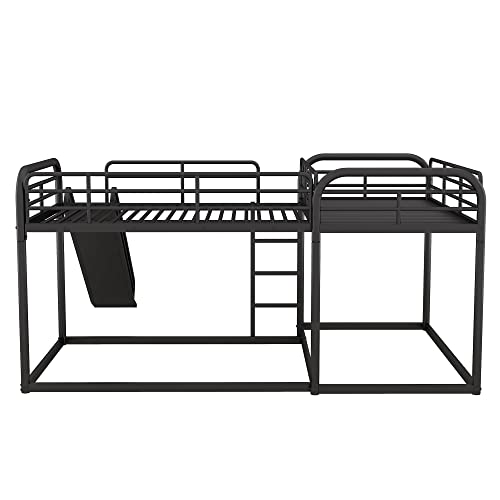 L Shaped Bunk Beds Compatible with 4, Wooden Quad Bunk Bed with Slide, Full Over Full Bunk Bed with Twin Over Twin Bunk Bed Attached Compatible with Girls Boys, Gray Bedroom Bed Frame, WoodArtSupply