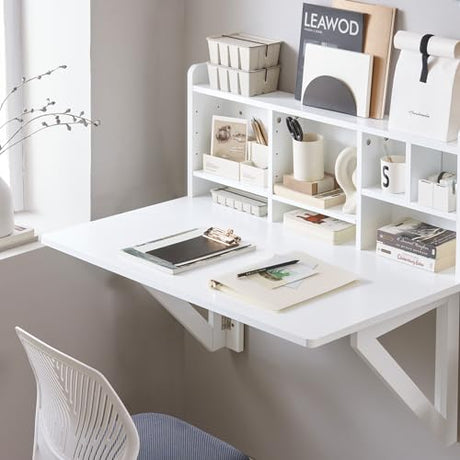 Haotian Wall Mounted Folding Table Drop-Leaf Floating Trestle Desk Computer Writing Workstation with Storage Compartments, White FWT07-II-W Haotian