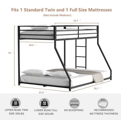CFTEL Bunk Beds Twin Over Full Size, Metal Bunk Bed with Removable Ladder&Reinforced Guardrails for Kids&Adult, Bed Frame Twin Size (Black) CFTEL